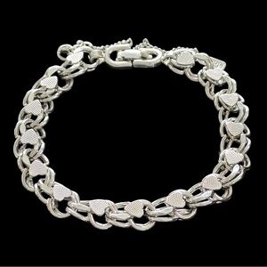 Chunky Charm Bracelet Hearts Chain Link Signed MONET 7.5” Safety Clasp